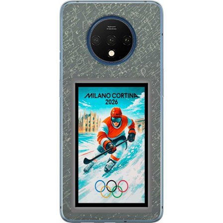 Yhteensopiva Puhelinkuori OnePlus 7T Curlingkuvitus pelaajilla ja kivillä jäällä, Milano Cortina 2026, lumisia roiskeita ja olympiasormukset