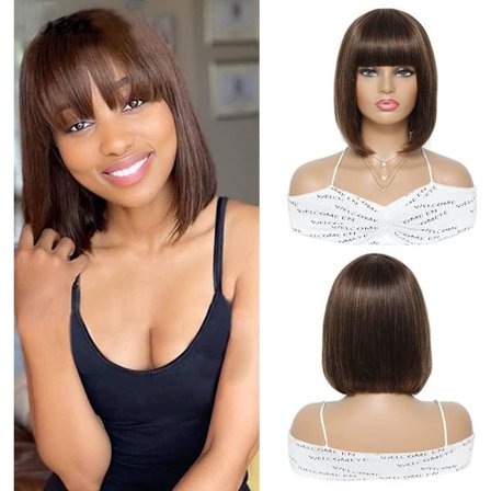 Kort Bob Menneskehår Parykker Med Pannelugg 10 Tommer Ombre Brun Ingen