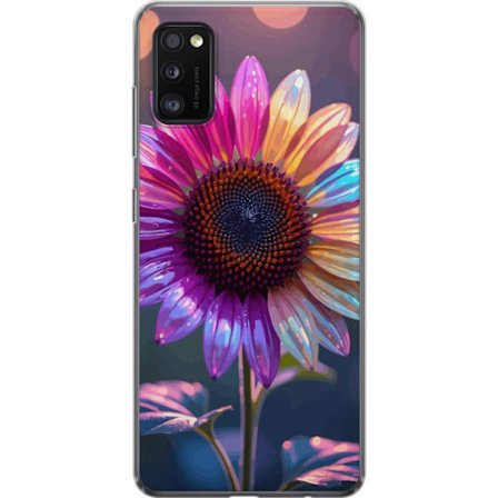 Kompatibelt Mobildeksel til Samsung Galaxy A41 Irideserende blomst med glitrende kronblad i rosa lilla og gull mot myk bokeh bakgrunn