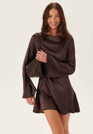 BUBBLEROOM - Satin Trumpet Sleeve Short Dress - Brown