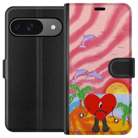 Yhteensopiva Lompakkokotelo Google Pixel 9 Pro Bad Bunny värikkäässä tikatussa takissa sydänkuvioilla ja aurinkolaseilla modernissa katutyylissä