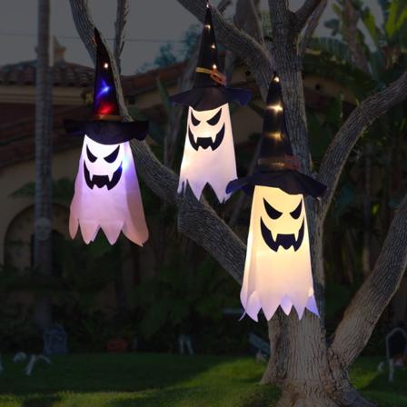 Halloween-sisustus, ulkoilu, riippuvalaistus, valaisevat kummitusnitahatut (3 kpl)