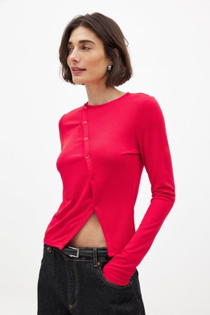 NA-KD - Topp med knapper og lange ermer - Langermede T-skjorter - Rød - XS (EU 32)