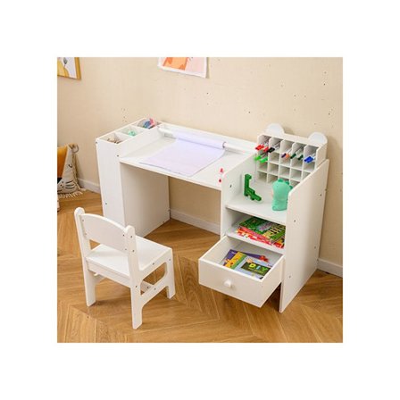 COSTWAY Børne Ensemble Bord og Stole - Aftagelig Papirrulleholder - Multifunktionel Skuffe og Opbevaringsbibliotek
