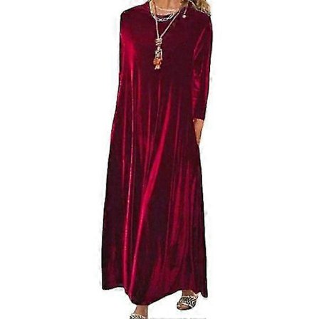 Høst Vår Dame Kjole Rund Hals Løs Ensfarget Langermet Genser Myk Varm Casual Ankel Lengde Maxi Kjole
