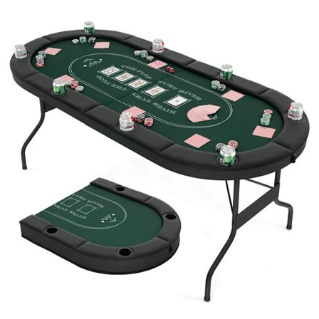Taitettava pokeripöytä - COSTWAY - 8 pelaajalle - 182 x 82 x 75 cm - Soikea - 8 kupinpidikettä - Huopapinta - Monitoiminen - Musta + Vihreä