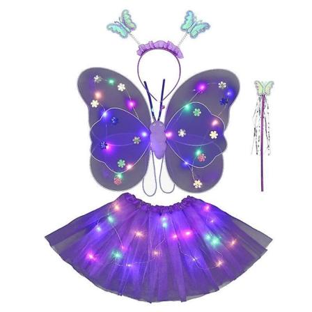 Fairy Princess-kostymesett for jenter med LED-skjørt, vinger, tryllestav og festhodebånd - lilla