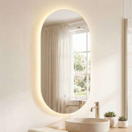 COSTWAY LED Spejl Badeværelse Oval 80 x 50 cm med 3 Lysfarver, Anti-Dug Funktion til Badeværelse, Værelse