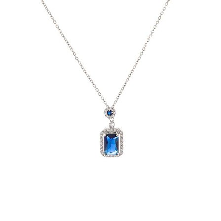 Fe-stil simulerad diamant nyckelben kedja Akvamarin med diamant hänge halsband för kvinnor (marinblå)