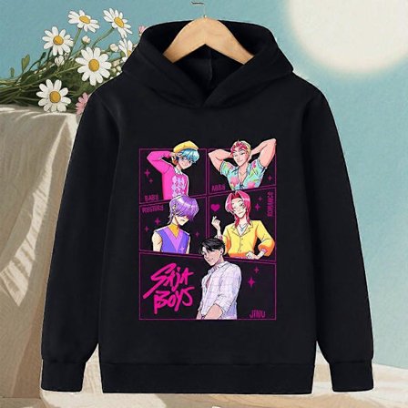 Poikien rento musta huppari - KPop Demon Hunter sarjakuva collegepaita lämpimään muotityyliin