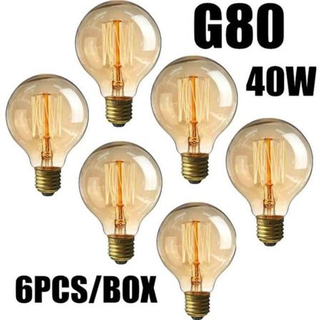 Lot 6 stk. 40W pærer E27 Vintage Edison G80 Glødepære Varm Hvid 220V