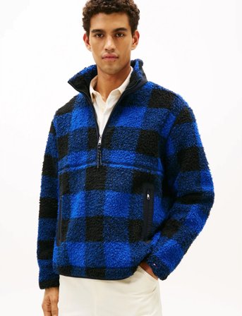 Tommy Hilfiger Teddy Fleece Check Pull Over - Blue - XL