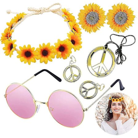 Snabb leverans 1 Set, Hippie Dam Accessoarer 7 Styck Kostym Set Inkluderar Flower Crown Pannband Armband Och Hippie Solglasögon, Peace Sign Halsband 