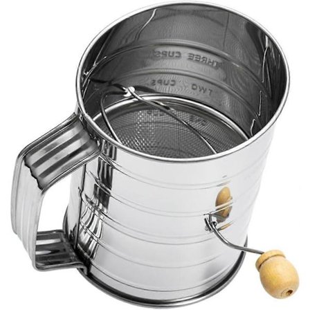Mjølsikt i rustfritt stål, hånddrevet mjølsikt med skala for baking og matlaging av tørre ingredienser