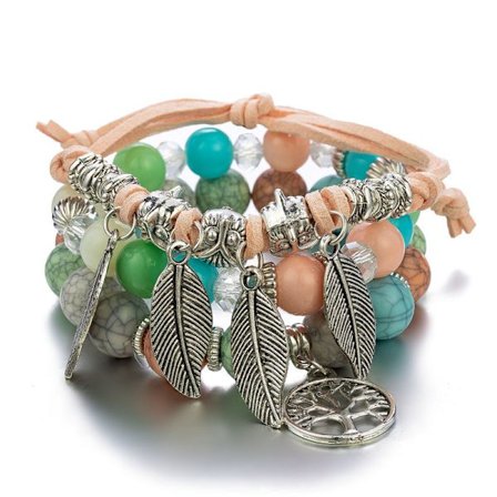 1 st bohemiskt armband, armband med kristallpärlor, fjäderhänge flerlagers stretch armband, dam smycken