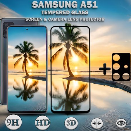 1-Pack SAMSUNG A51 Näytönsuoja & 1-Pack linssinsuoja - Karkaistu Lasi 9H - Super laatu 3D