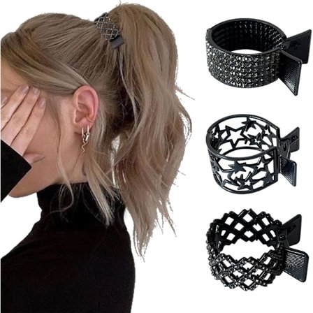 3 stk. metall rhinestone hestehale-klyper for hårstyling, motetilbehør, høye hestehaler, tykt hår (svart)