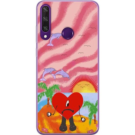 Kompatibel Mobilcover til Huawei Y6p Bad Bunny i en farverig quiltet jakke med hjertemønster og solbriller i moderne gade stil