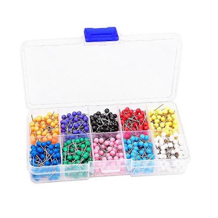 500 stk. tegnestifter/kartnåler, 10 farger, med runde plasthoder og stålnåler for korktavler (0,4 * 1,5 cm)