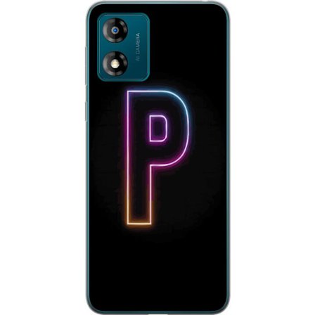 Kompatibel Mobilcover til Motorola Motorola Moto E13 Minimalistisk neonbogstav P i farvegradient og lyseffekt mod sort baggrund i digital neonstil