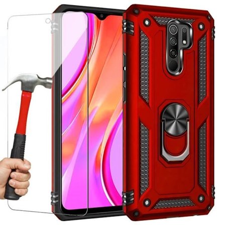 Beskyttelsescover - E.F.CONNECTION - Redmi 9 - Metal Støtte Ring - Tempereret Glas - Rød