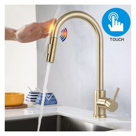 Berøringsfølsom køkkenhane, udtrækkelig køkkenhane med 2 spraytilstande, 304 rustfrit stål håndvaskhane, 360° roterbar enhåndsgrebsblander (guld) KLB