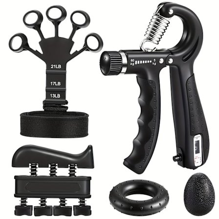 5-osainen käden puristusvoiman harjoittelusetti säädettävillä kyynärvarsikahvoilla (4,99-59,87 kg), 3-vastuksiset sormiharjoitukset