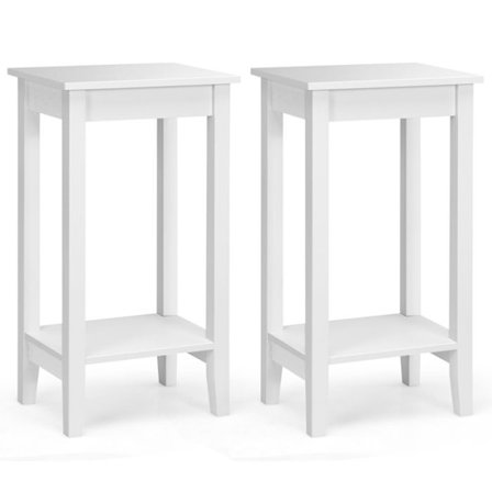 COSTWAY sæt med 2 2-lags sideborde med opbevaringshylde, 4 massive træben, til stue, soveværelse, hvid
