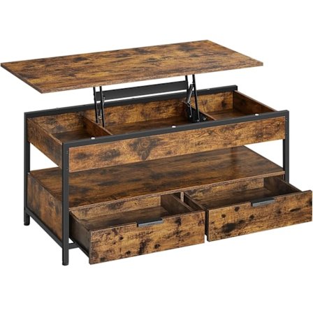 VASAGLE sofabord med løft, stuebord, med opbevaringskasser, rustikt brunt og blæksort