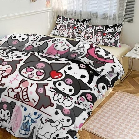 Sengetøysett XU48 Kuromi Trykt Sengetøysett Mønster Dynetrekksett 3 Deler 1 Dynetrekk og 2 Putetrekk for Kvinner Menn Tenåringer PW48