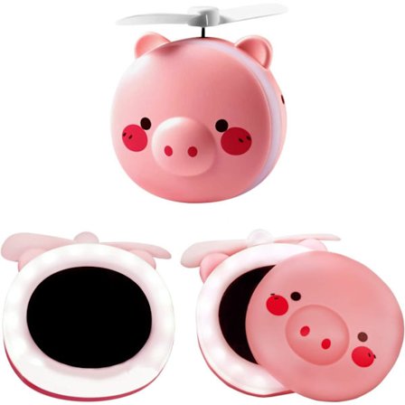 2 i 1 Sød Piggy Mini Kosmetisk Ventilator LED Spejl Lys Gris Tegneserie Håndholdt Bærbar Makeup Håndspejl Generelt Formål USB Genopladelig