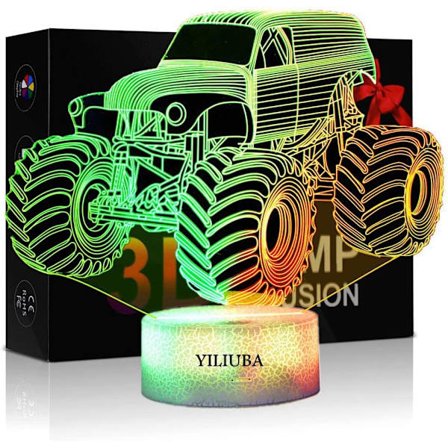 3D LED Illusionslampe Monster Truck, nattlys for barn, 7 farger lys berøringsskifte nattlys for hjemmekontor barnerom tema dekor og barn