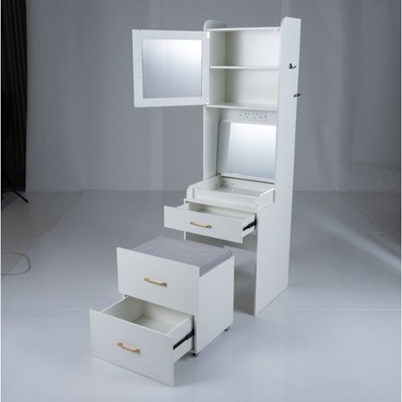 Frisørsalon og Mobil Håndvogn på Hjul COSTWAY, Foldbart Spejl, Opladningsstation, Skuffer, Dør, Justerbar Hylde i 3 Niveauer