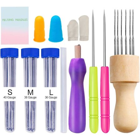 Filtnålset för nybörjare, 3 storlekar ullfiltnålar med nålfiltningstillbehör, trähandtag, syl, fingerskydd, manual, ullfilt DIY-nål