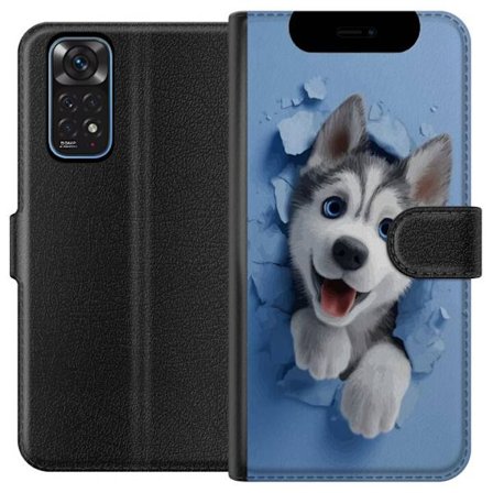 Xiaomi Redmi Note 11 Lompakkokotelo Söpö husky pentu, jolla on suuret siniset silmät, jotka kurkistavat rikkinäisen seinän läpi pehmeässä 3D-t