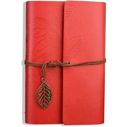 Retro Leaves Pendants PU Läderomslag Löst Blad Tomt Skrivjournal Anteckningsbok Dagbok Present (Röd, A7(5 tum))