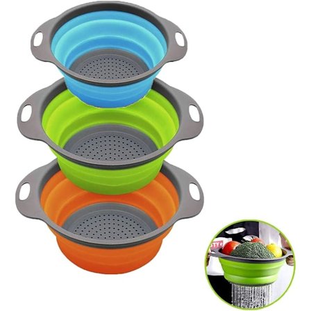Sammenleggbar kjøkken sil / 3 sil sett, silikon sammenleggbar sil, flott for pasta, grønnsaker, frukt (29x24cm/24.5x20cm)