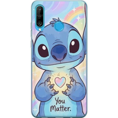 Kompatibelt Mobilskal till Huawei P30 lite Söt blå fantasifigur med stora glansiga ögon som håller ett lysande hjärta mot regnbågsbakgrund i mju