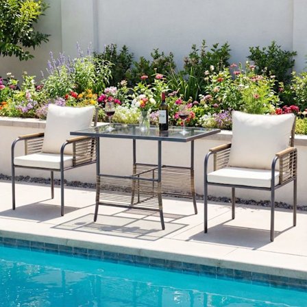 Sammenhængende Terrasse Bistro i PE Rattan 3 Stykker COSTWAY, Rektangulært Bord og Havemøbler med Puder, Hvid