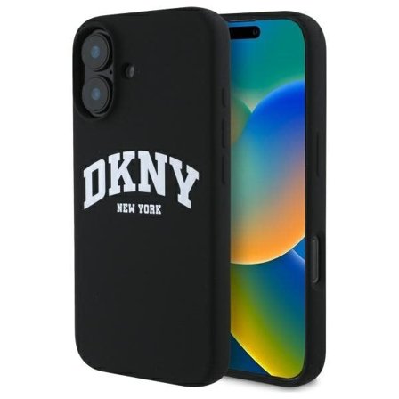 DKNY MagSafe iPhone 16-etui i silikon med hvit trykt logo - svart
