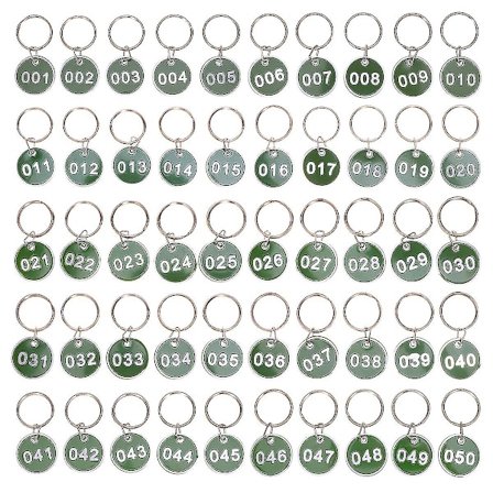 50 st nyckelringar i rostfritt stål med numrerade nyckelbrickor i metall, numrerade nyckelringar i metall, runda numrerade brickor