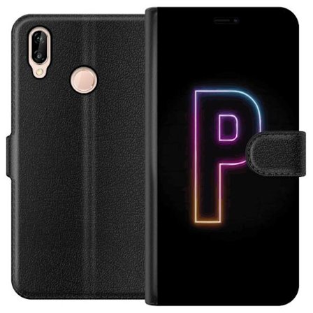 Kompatibel Tegnebogsetui til Huawei Huawei P20 lite Minimalistisk neonbogstav P i farvegradient og lyseffekt mod sort baggrund i digital neonstil