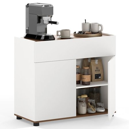 Köksskåp med 1 Låda och Dörrar COSTWAY, Kaffe Bar Möbel i Trä för Matrum Vardagsrum, Kittens Antikippning, Vit