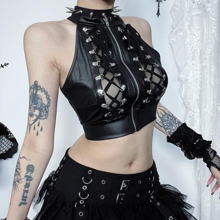 Emo Alt Goth Camis Kvinnor Cyber Punk Streetwear Harajuku Snörning Genomskinlig Dragkedja Halterneck Crop Tank Tops Y2k Rave Outfit M