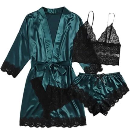 Sommer-hotsell for kvinner - Pyjamassett med blonder, fire deler, stroppsett, avslappet og komfortabel pyjamas, mørkegrønn Dark green XL