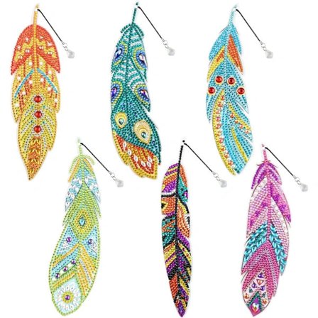 (Pow yeah!) 6 stk 5D diamantmaling bokmerke fjærform strassbokmerker full drill krystall DIY tegning etter nummer broderi for kunsthåndverk gave