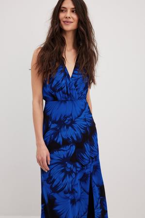NA-KD Party Robe portefeuille longue à col en V - Robes longues - Bleu,Flower - EU 36