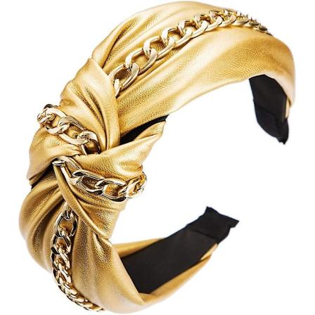 Hårbånd for kvinner med sløyfe i PU-lær, bredt sidebånd, vintage skinnende gullkjede, tilbehør til hverdagslig hår (gull)