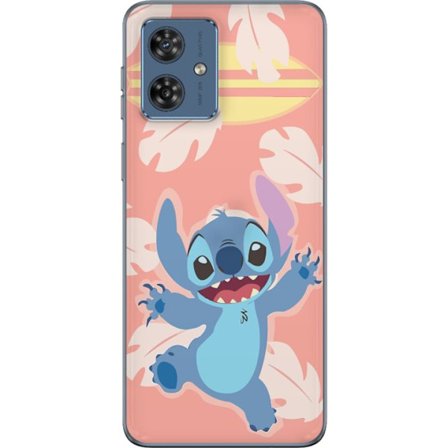 Kompatibel Mobilcover til Motorola Moto G54 Glad illustration af Stitch der hopper foran lyserød baggrund med surfbræt