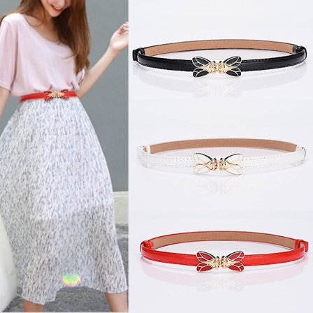 3 st läder smala dam bälten tunna midjebälten med gyllene spänne